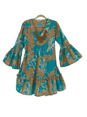 Modaposa Turquoise Tan Botanical Bell Sleeve Ruffle Mini Dress Large Embroidery